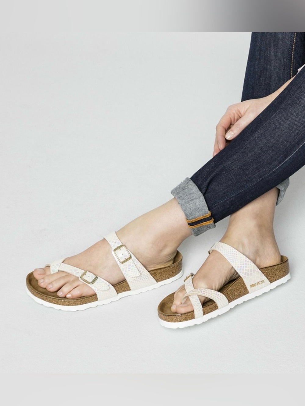 Birkenstock Iridescent White Multi-Print Sandals with Gold Buckles, Like New - Picture 1 of 14